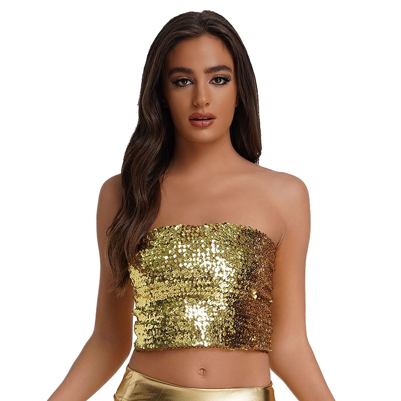 Retro Vintage 1980s Shiny Metallic Tube Top Disco Sequins Solid Color Fancy Dress Women's Carnival Costume Carnival Performance Prom Club Adults' Top3