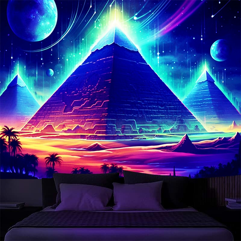 Blacklight Tapestry UV Reactive Glow in the Dark Glow Party Neon Egyptian Pyramid Psychedelic Trippy Misty Hanging Tapestry Wall Art Mural for Living Room Bedroom4