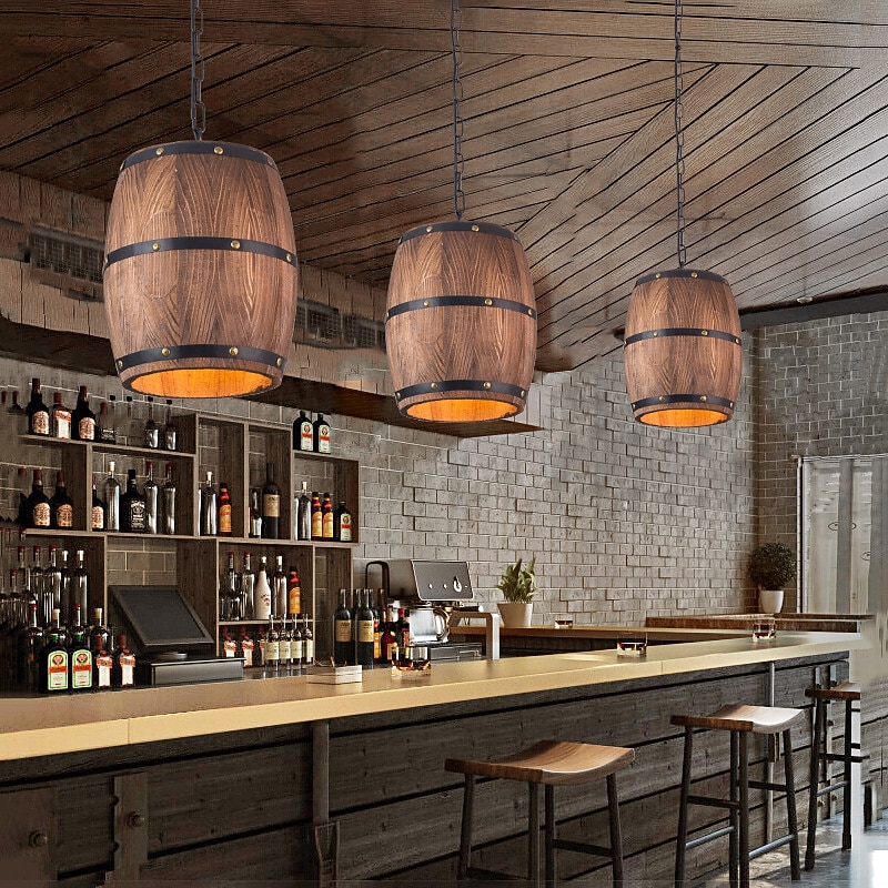Wooden Wine Barrel Chandelier Bar Cafe Lights Vintage Rustic Wine Barrel Decor Hanging Light Kitchen Light Fixtures Pendant Lamp Barrel Shade Ceiling Light Farmhouse Pendant Light 110-240V3