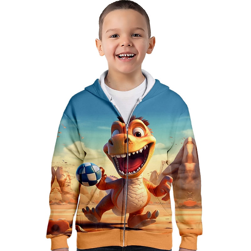 Boys 3D Cartoon Dinosaur Football Hoodie Coat Outerwear Long Sleeve Fall Winter Active Streetwear Cool Polyester Kids 3-12 Years Zip Street Daily Regular Fit
