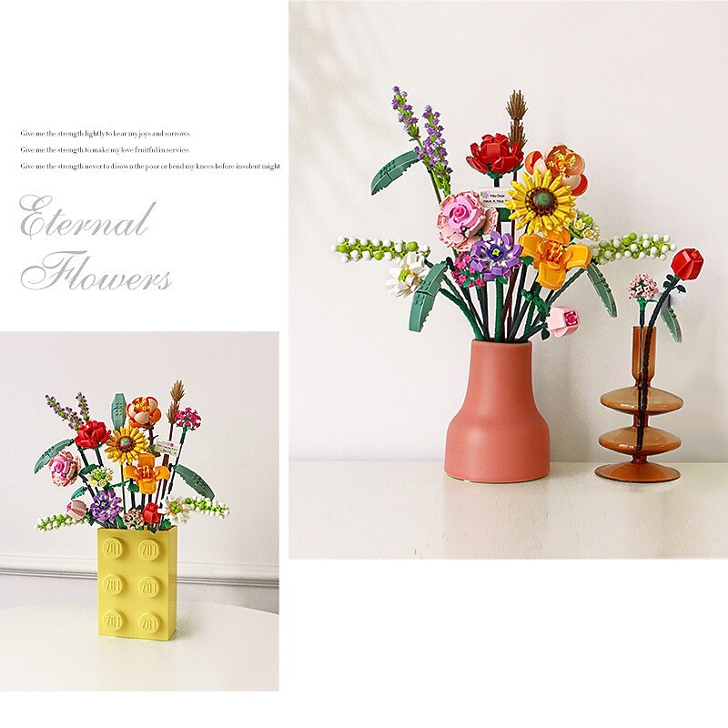 Women's Day Gifts 2023 Romantic Roses Flowers Sunflowers Daffodils Gardens House Building Blocks Classic Model Mini Bricks Sets Kids Kits Valentine's Day for Girls Mother's Day Gifts for MoM3