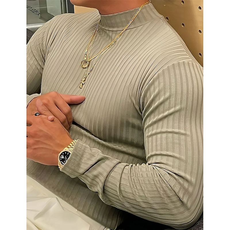 Men's T Shirt Knit Tee Tee Top Long Sleeve Shirt Long Sleeve Turtleneck Spring &  Fall Plain Pit Strip Fashion Designer Basic Vacation Street Going out Black White Gray Top Tee for Men4