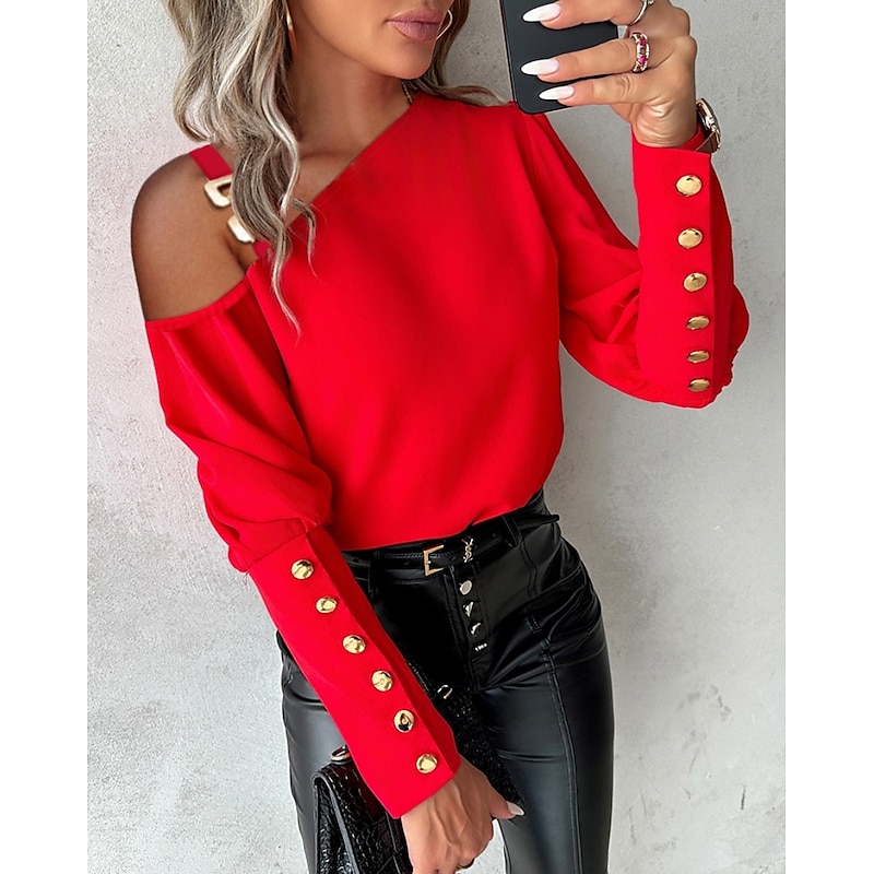 Women's Blouse Elegant Patchwork Puff Sleeve Long Sleeve One Shoulder Casual Black White Red Blue Fall & Winter2