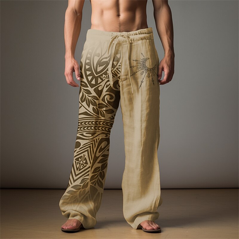 Men's Palm Leaf Linen Pants Pants Trousers Baggy Pants Mid Waist Vintage Outdoor Daily Wear Streetwear Fall & Winter Blue Green4