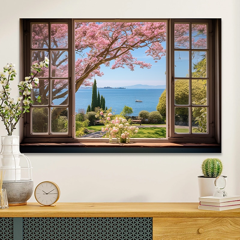 Landscape Wall Art Canvas False Window Spring Cherry Blossoms Prints and Posters Pictures Decorative Fabric Painting For Living Room Pictures No Frame