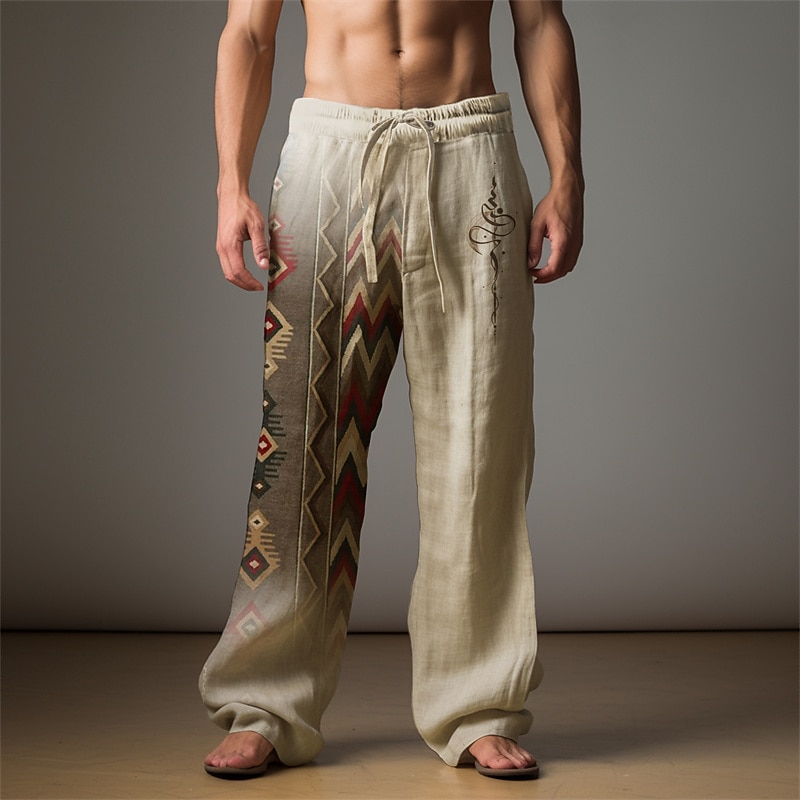 Men's Ethnic Linen Pants Pants Trousers Baggy Pants Mid Waist Vintage Outdoor Daily Wear Streetwear Fall & Winter Blue Green Khaki2