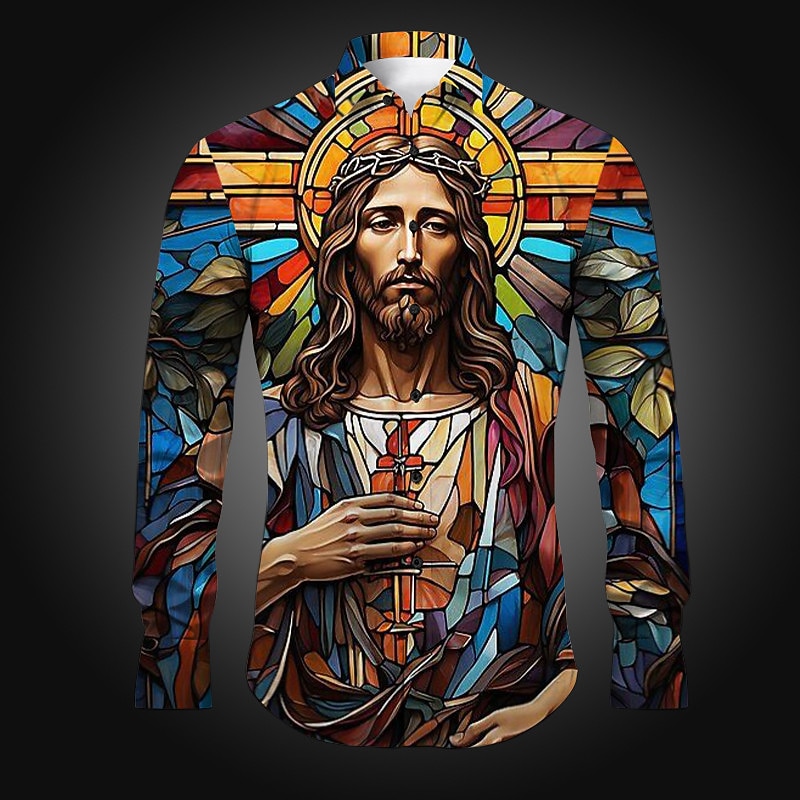 Men's Mixed Color Jesus Shirt Button Up Shirt Long Sleeve Artistic Abstract Daily Wear Going out Spring Turndown Print Button-Down Yellow Blue Purple Fuchsia Orange