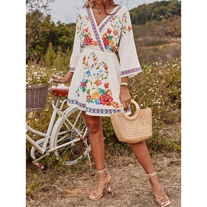 Women's Casual Dress Floral Print V Neck Mini Dress Ethnic Boho Vacation 3/4 Length Sleeve Summer Spring 5