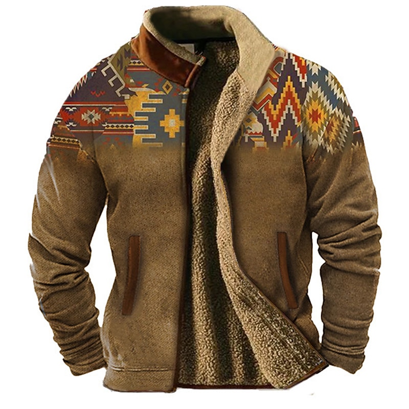 Men's Graphic Color Block Tribal Sweatshirts Zip Sweatshirt Fleece Jacket Outerwear Long Sleeve Sweatshirt Stand Collar Daily Ethnic Casual 3D Print Vacation Holiday Going out Print Fleece Winter2