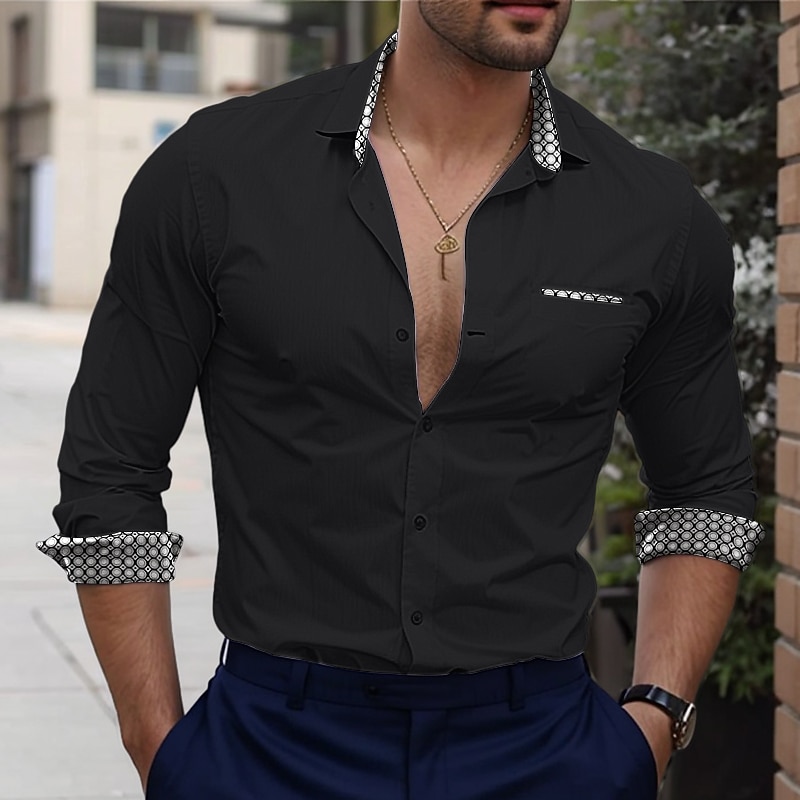 Men's Shirt Summer Shirt Dress Shirt Button Up Shirt Casual Shirt Black White Dark Blue Light Blue Long Sleeve Color Block Geometic Lapel Wedding Daily Patchwork Clothing Apparel Cotton Cotton Blend3