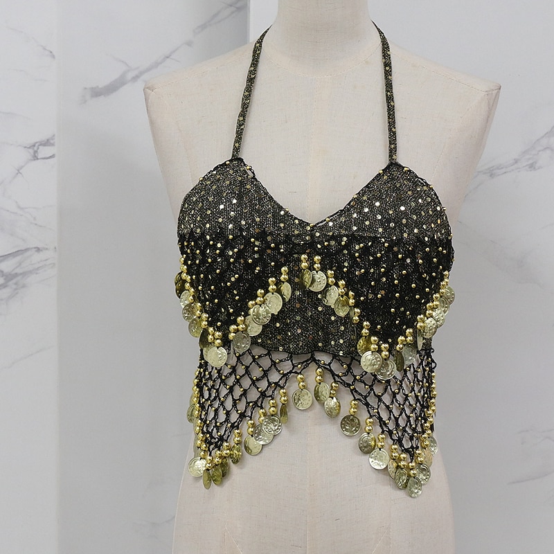 Belly Dance Vest Copper Coin Pure Color Splicing Women's Performance Training Sleeveless High Polyester4
