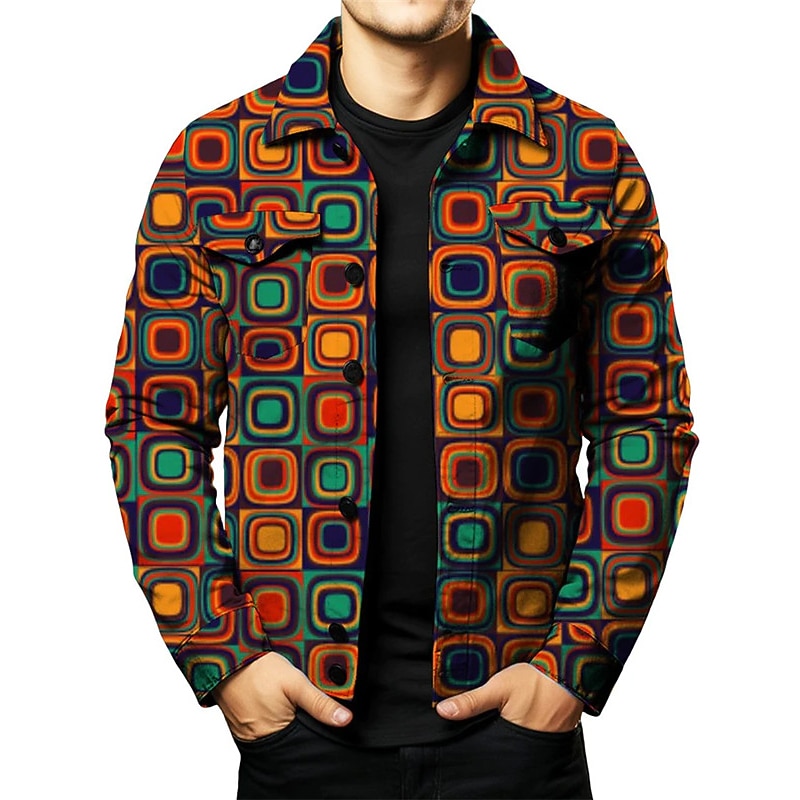 Men's Plaid Color Block Colorful Shirt Shirt Jacket Long Sleeve Vintage Abstract Outdoor Street Casual Daily Fall & Winter Turndown Buttons Pocket Print Red Orange khaki