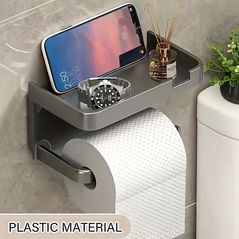 1pc Wall Mounted Toilet Paper Storage Rack & Mobile Phone Holder Self Adhesive Toilet Paper Holder With Phone Shelf  Upgrade YourBathroom With Rustproof And Bathroom Washroom  Black Tissue Rack2