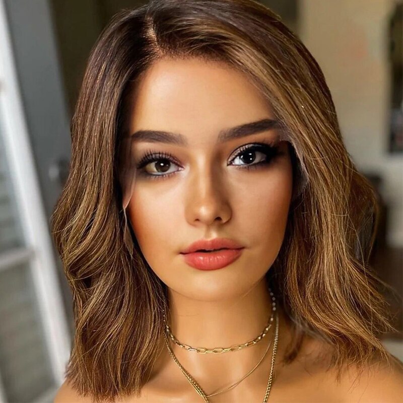 Remy Human Hair 13x4 Lace Front Wig Short Bob Brazilian Hair Wavy Multi-color Wig 130% 150% Density with Baby Hair Natural Hairline 100% Virgin For Women Short Human Hair Lace Wig