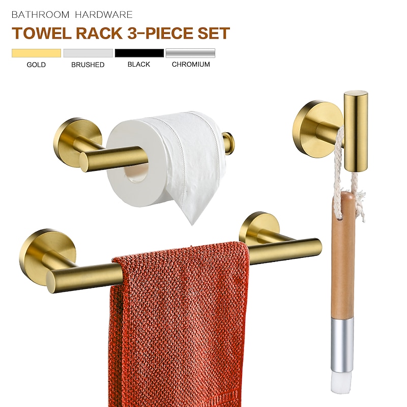 3-Piece Stainless Steel Bathroom Towel Rack Set - Includes Towel Bar, Toilet Paper Holder, and Hook - Available in 4 Finishes: Polished Chrome, Brushed Nickel, Black, and Brushed Gold