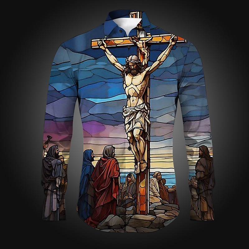 Men's Jesus Shirt Button Up Shirt Long Sleeve Vintage Artistic Daily Wear Going out Spring Turndown Print Button-Down Burgundy Navy Blue Blue Dark Green Green