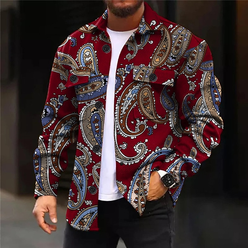 Men's Paisley Shirt Shirt Jacket Overshirt Long Sleeve Vintage Boho Daily Wear Going out Weekend Fall & Winter Turndown Pocket Print Button-Down Black Burgundy