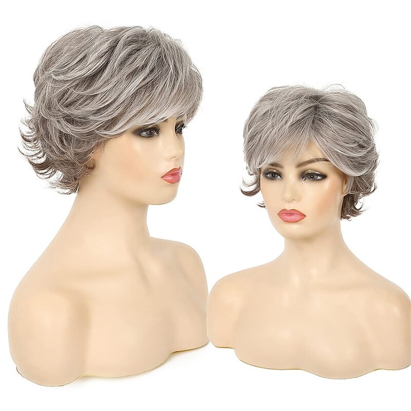 Short Curly Fluffy Wig Silver Mixed Brown Layered Messy Shaggy Synthetic Hair Wig for Women Old Lady3