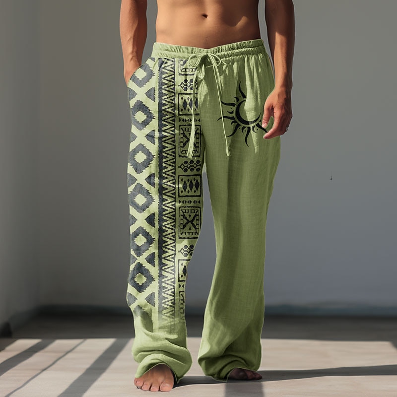 Men's Sun Tribal Linen Pants Pants Trousers Baggy Pants Mid Waist Vintage Outdoor Daily Wear Streetwear Fall & Winter Green Khaki Gray