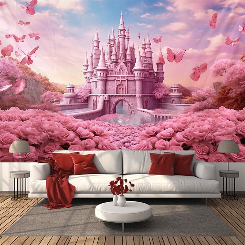 Pink Castle Hanging Tapestry Wall Art Large Tapestry Mural Decor Photograph Backdrop Blanket Curtain Home Bedroom Living Room Decoration2