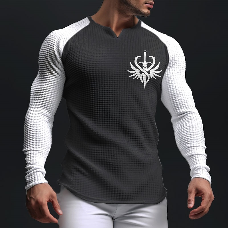 Men's Graphic Color Block Weapon Waffle Shirt T Shirt Raglan T Shirt Long Sleeve T shirt 3D Print V Neck Shirt Daily Classic Casual Sports Outdoor Holiday Going out Black White Light Grey Spring4