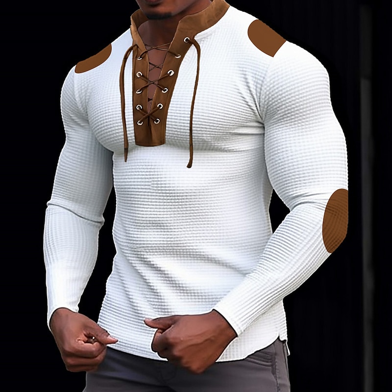 Men's T Shirt Waffle Knit Tee Tee Top Long Sleeve Shirt Long Sleeve Standing Collar Spring &  Fall Color Block Fashion Designer Basic Lace up Patchwork Vacation Street Going out Black White Blue Top