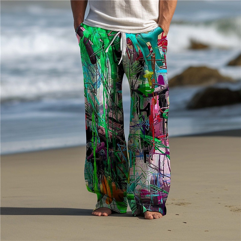 Color Block Graffiti Abstract Men's 3D Print Pants Trousers Outdoor Daily Wear Streetwear Polyester Yellow Dark Purple Red S M L Medium Waist Elasticity Pants3