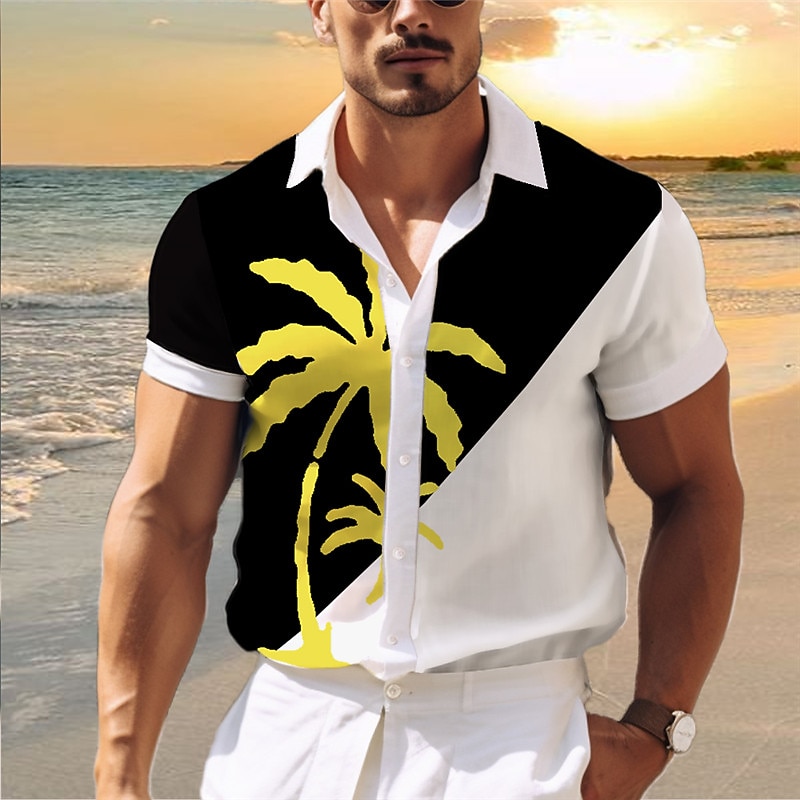Men's Color Block Palm Tree Tropical Plants Shirt Summer Hawaiian Shirt Aloha Shirt Short Sleeve Shirt Turndown Casual Outdoor Street Casual Daily Yellow Blue Green S M L3