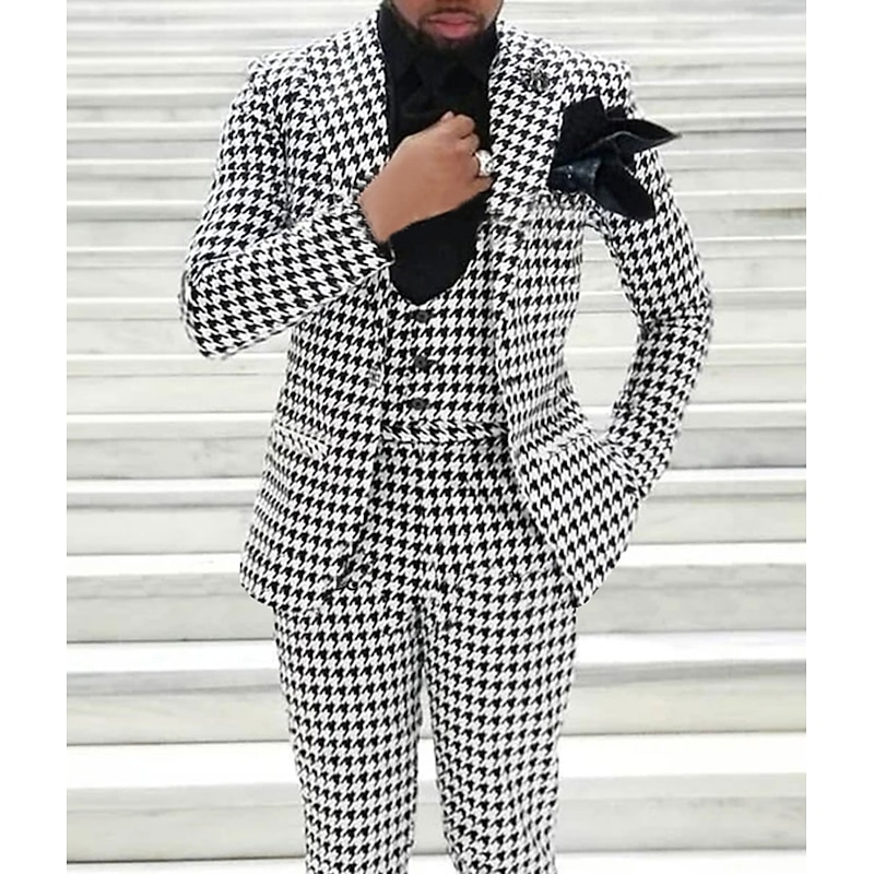 Men's Wedding Suits Peak Black White Fashion Business Houndstooth Tailored Fit 3 Piece Single Breasted One-button2