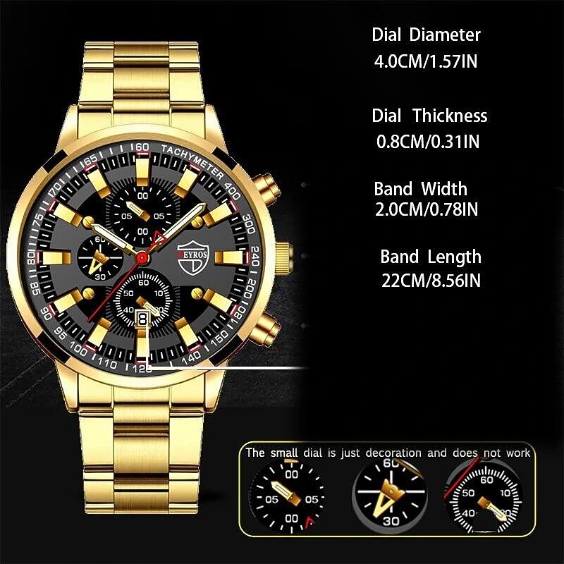 3pcs/set, Mens Calendar Stainless Steel Quartz Watch & Necklace & Bracelet Set4