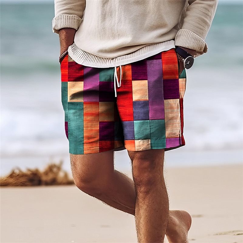 Men's Color Block Patchwork Colorful Swim Trunks Swim Shorts Board Shorts Mid Waist Hawaiian Casual Holiday Beach Drawstring with Mesh lining Elastic Waist Designer Clothing Apparel2