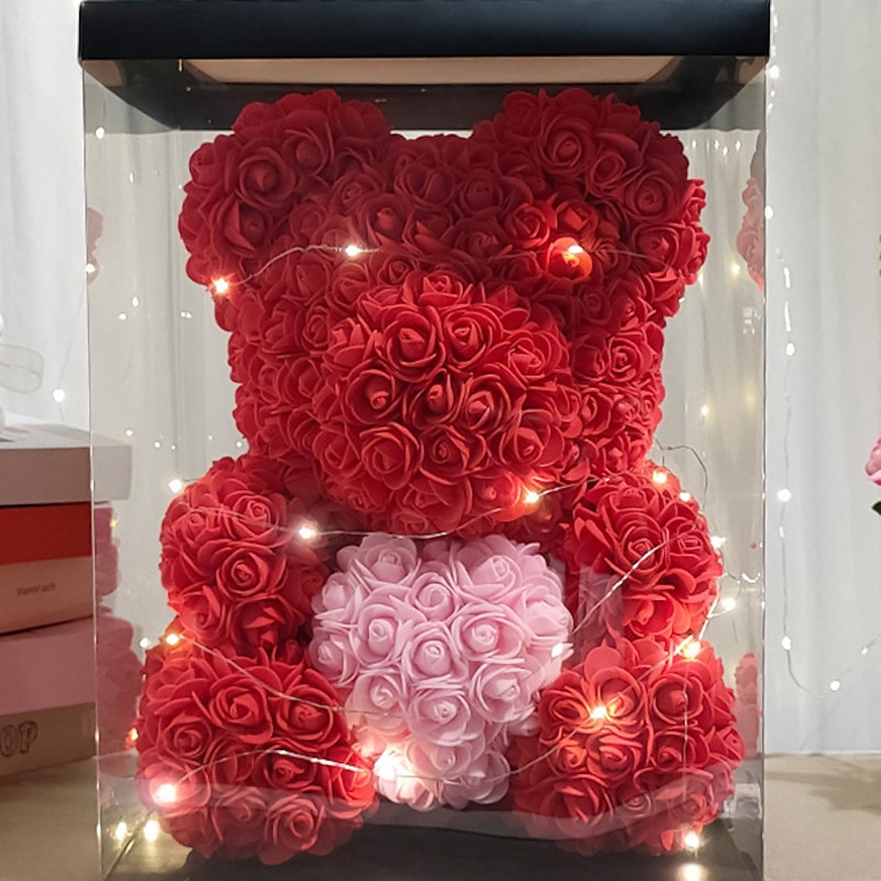 Rose Bear Artificial Foam Flowers with LED Light & Plastic Gift Box- Perfect Romantic Gift for Mother's Day, Anniversary, Wedding, Birthday, Thanksgiving, and Christmas 25cm/10inch3