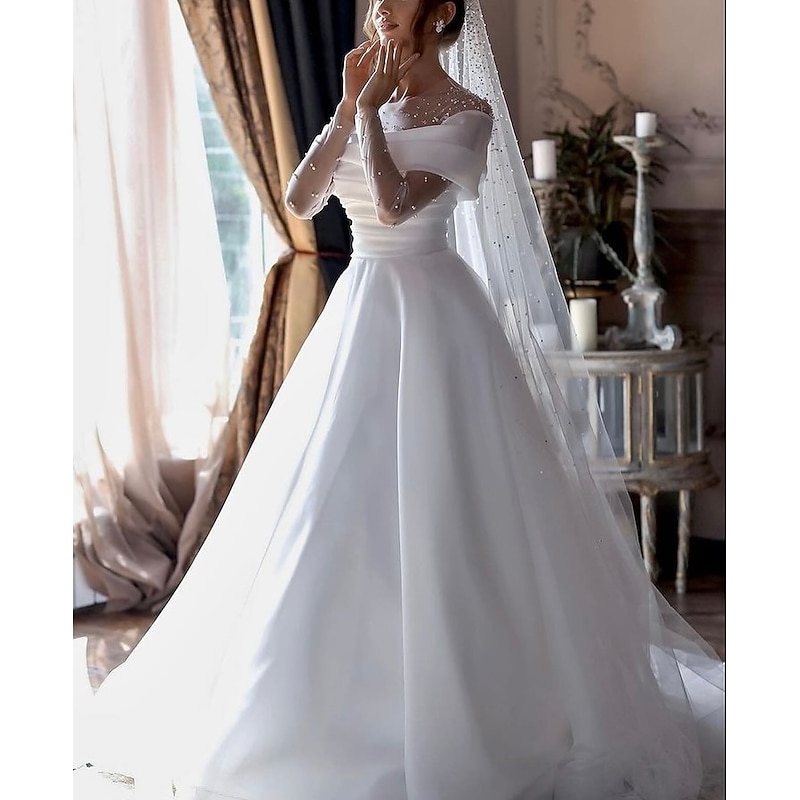 Beach Simple Wedding Dresses Formal Wedding Dresses A-Line Illusion Neck Long Sleeve Floor Length Tulle Bridal Gowns With Ruched Beading2