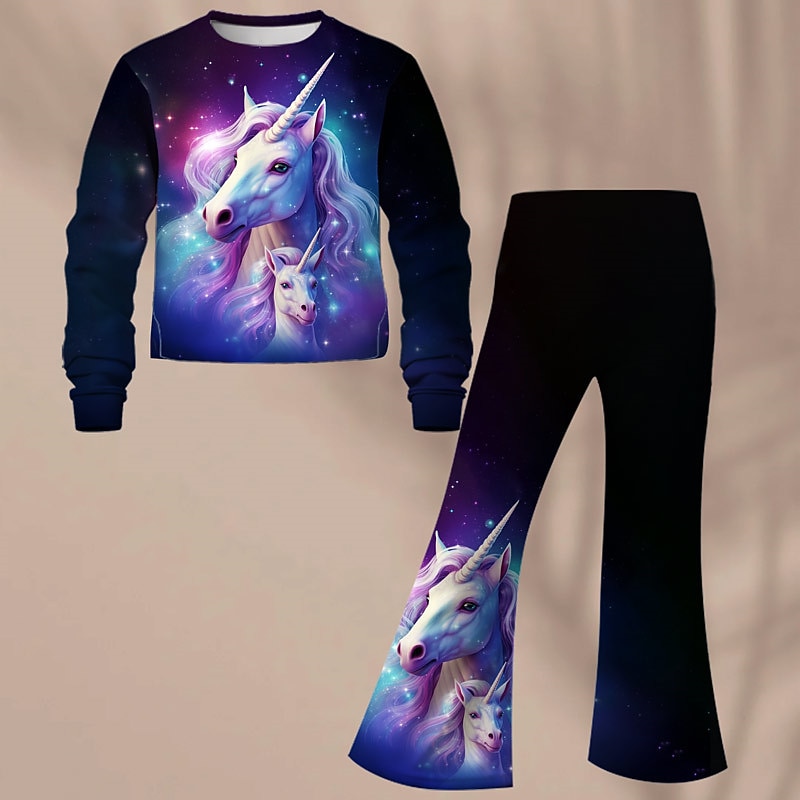 Girls' 3D Unicorn Sweatshirt & Flare Pants Set Long Sleeve 3D Print Spring Fall Active Fashion Daily Kids 3-12 Years Crew Neck Outdoor Vacation Date Regular Fit4