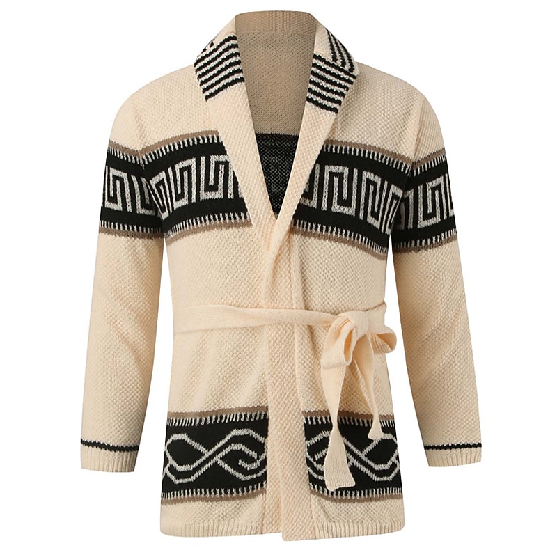Men's Cardigan Sweater Knit Sweater Ribbed Knit Regular Cropped Knitted Geometric Shawl Collar Warm Ups Modern Contemporary Daily Wear Going out Clothing Apparel Winter Beige M L XL3
