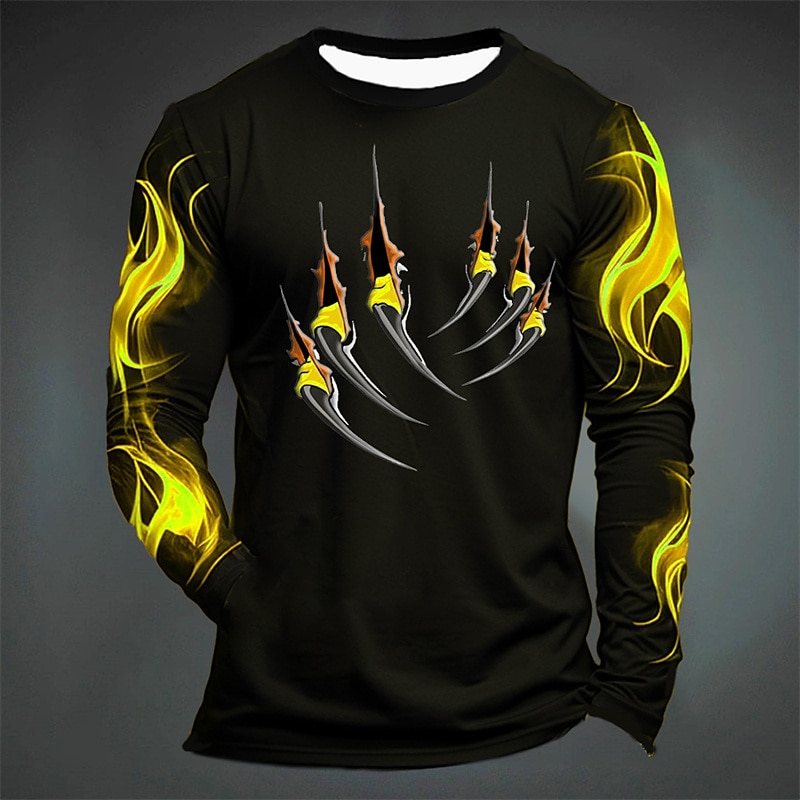 Men's Graphic Hellfire Flames Flame Paw T Shirt Long Sleeve T shirt 3D Print Crew Neck Shirt Fashion Designer Casual Sports Outdoor Holiday Going out Black Yellow Dark Green Spring &  Fall Clothing3