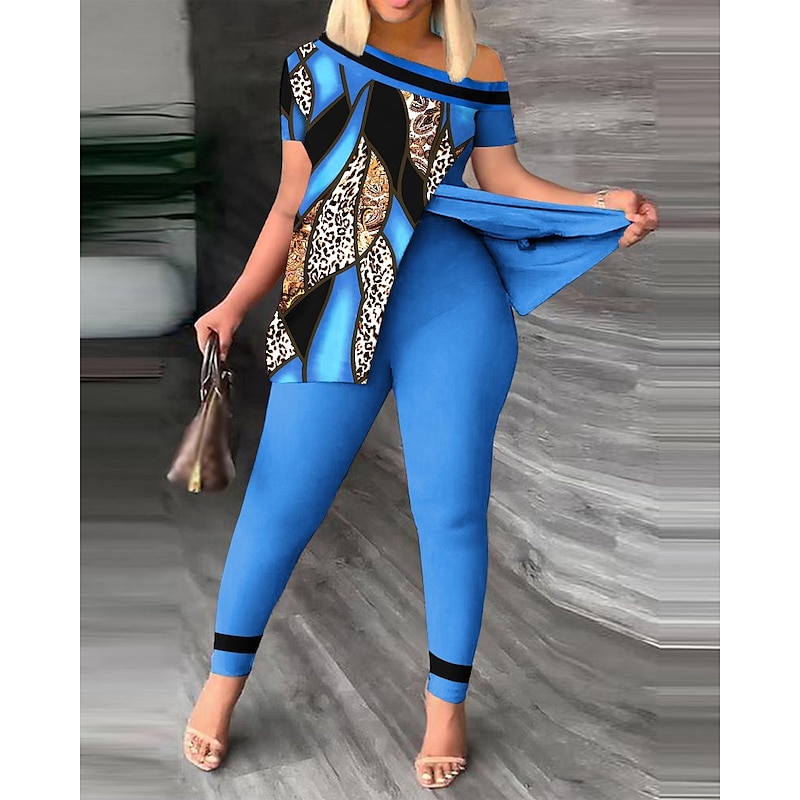Women's Fashion Shirt Pants Sets Pants Trousers Short Sleeve One Shoulder Leopard Print Casual Daily Yellow Red Blue Spring & Summer Regular Fit