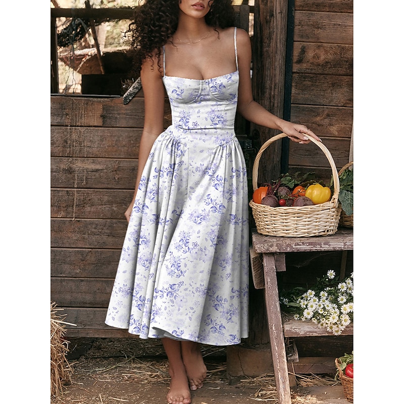 Women's Party Dress Cocktail Dress Wedding Guest Dress Ruched Backless Spaghetti Strap Sleeveless Floral Midi Dress Wedding Guest Cocktail Party Elegant Red Blue Summer Spring3
