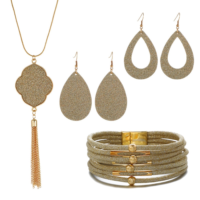 Jewelry set Leather Gold Powder Alloy Necklace Earrings Necklace Bracelet Combination Set