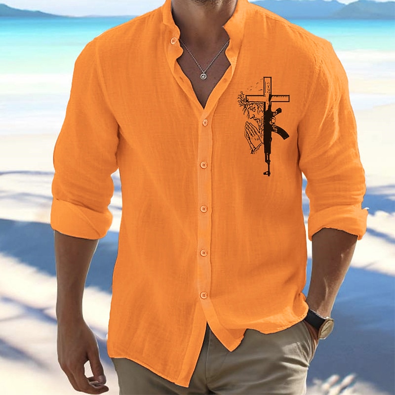 Men's Shirt Beach Shirt Button Up Shirt Cross Outdoor Vacation Black White Pink Orange Long Sleeve Standing Collar Spring &  Fall Clothing Apparel Print4