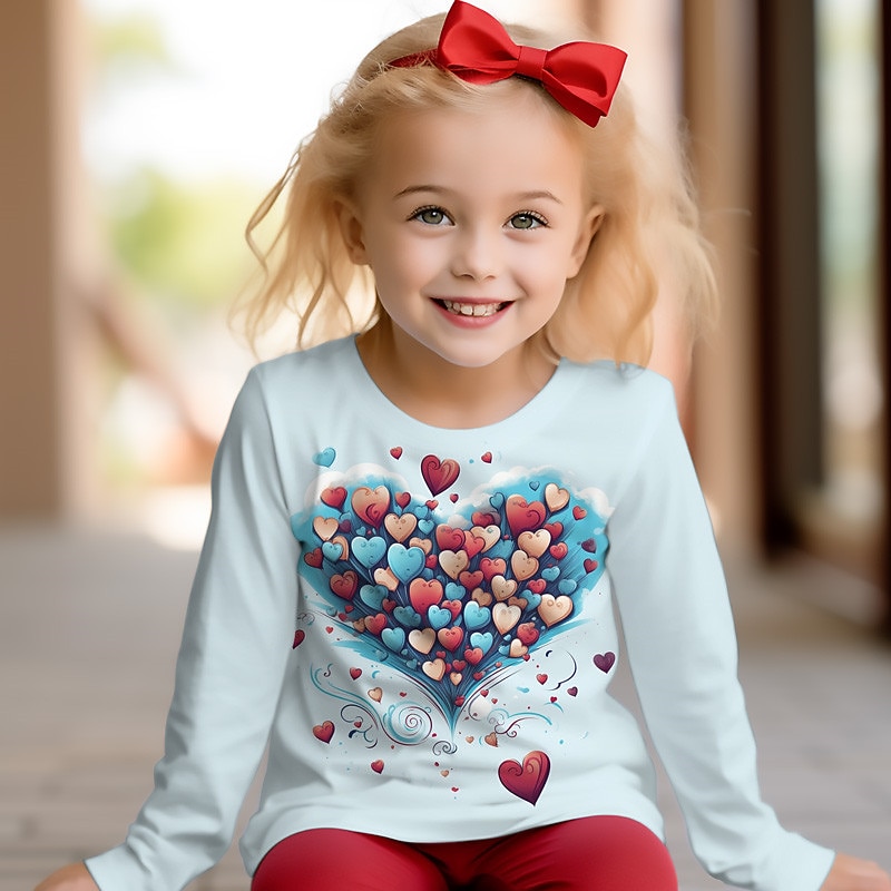 Valentines Girls' 3D Heart Tee Shirts Long Sleeve 3D Print Spring Fall Active Fashion Cute Polyester Kids 3-12 Years 4-12 Years Crew Neck Outdoor Casual Daily Regular Fit