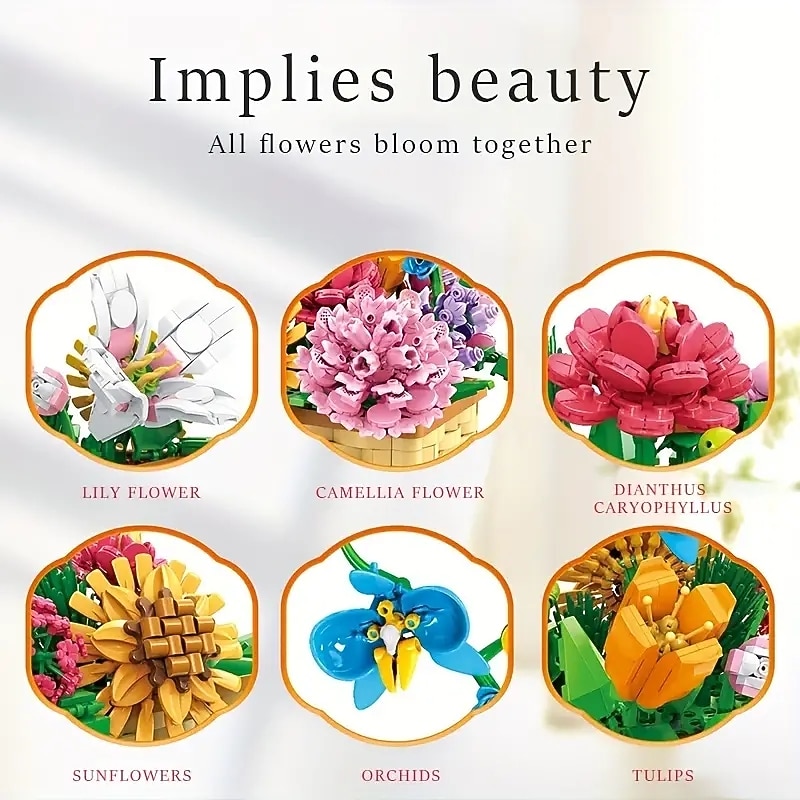 Women's Day Gifts 1113pcs Bouquet Succulent Potted Lily Flower Carnation Building Blocks Ornament Assembly Model Ornament Gift For Friends Family Day Valentine's Day  Mother's Day Gifts for MoM2