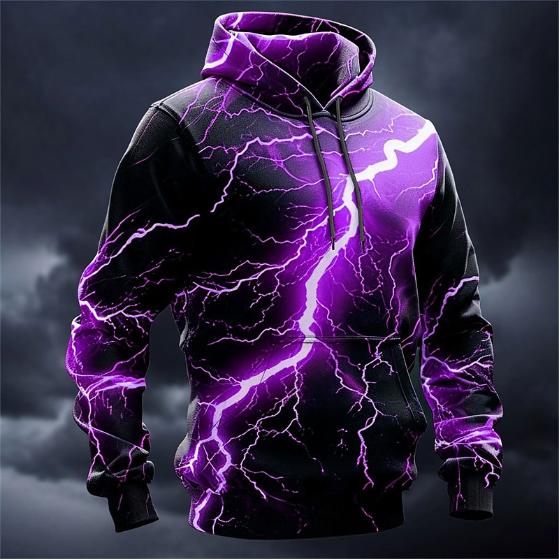 Men's Graphic Lightening Hoodie Hoodies Sweatshirt Fashion Daily Long Sleeve Hooded Vacation Sports Outdoor Holiday Yellow Pink Print Front Pocket Spring &  Fall Designer