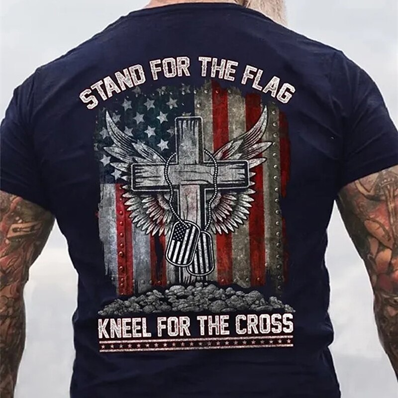 Men's Patriotic Christian Graphic T-Shirt with Flag Cross Design | Stand For The Flag Kneel For The Cross3