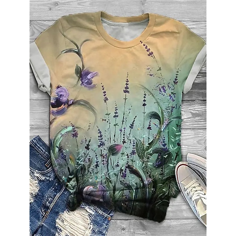 Women's T Shirt Fashion Floral Print Short Sleeve Regular Tops Round Neck Holiday Weekend Yellow Pink Blue Purple Green Spring & Summer4