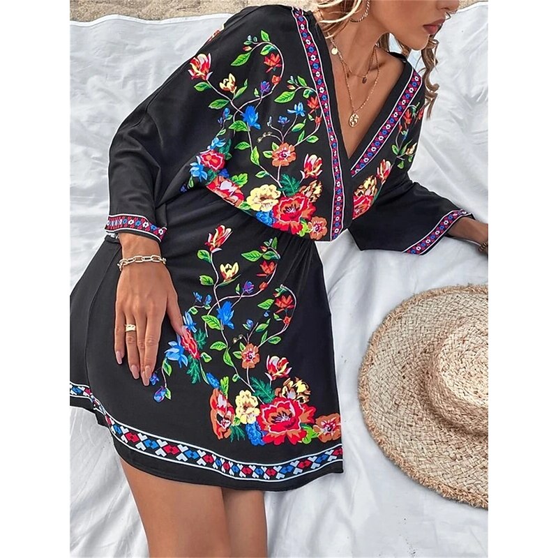 Women's Casual Dress Floral Print V Neck Mini Dress Ethnic Boho Vacation 3/4 Length Sleeve Summer Spring 17