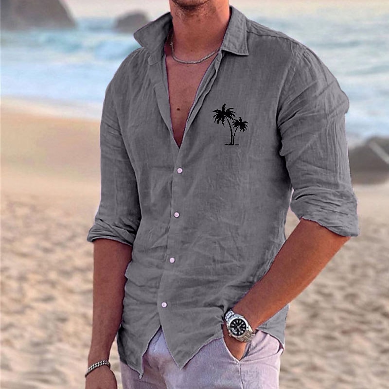 Men's Shirt Linen Shirt Beach Shirt Coconut Tree Outdoor Vacation White Pink Blue Green Long Sleeve Turndown Summer Spring Clothing Apparel Print4