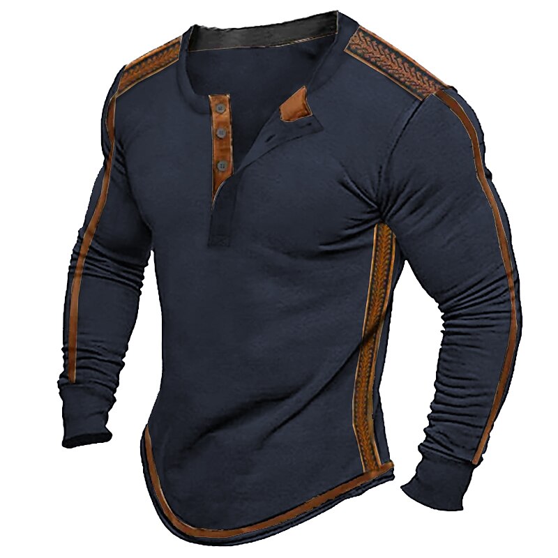 Men's Button T Shirt T Shirt Henley Shirt Tee Top Long Sleeve Henley Spring &  Fall Color Block Vintage Designer Basic Patchwork Vacation Street Going out Black Navy Blue Green Top Tee for Men3