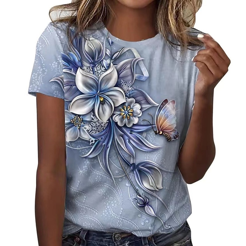 Women's T Shirt Fashion Floral Butterfly Print Short Sleeve Regular Tops Round Neck Casual Holiday Blue Summer