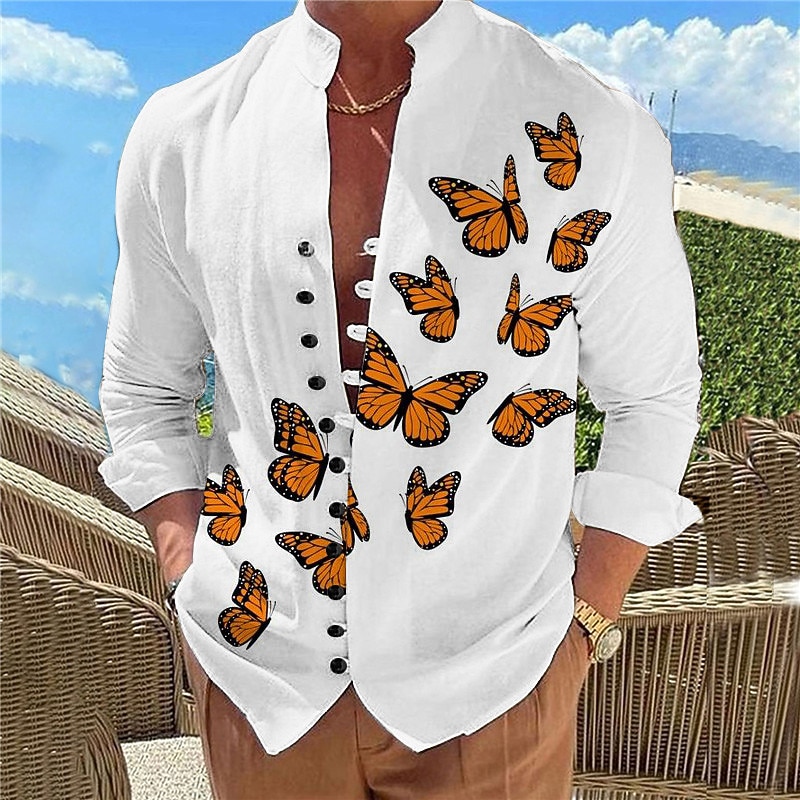 Men's Butterfly Shirt Long Sleeve Casual Daily Wear Going out Weekend Spring & Summer Standing Collar Print Button-Down Black White Blue Purple Fuchsia